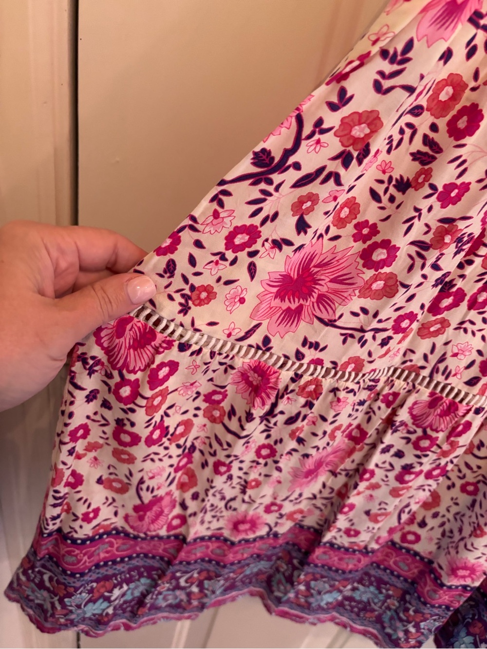Amazon Boho Chic Pink Floral Tiered Maxi Skirt with Purple Border - Picture 3 of 4